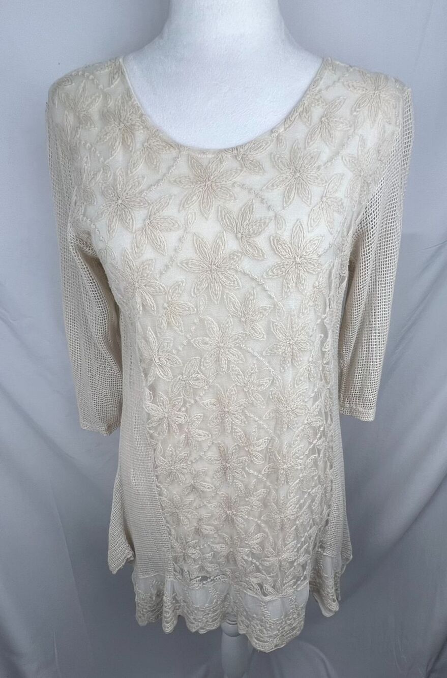 Fashion Fuse Cream Embroidered Floral Lace Knit Tunic Top Boho Cottagecore S